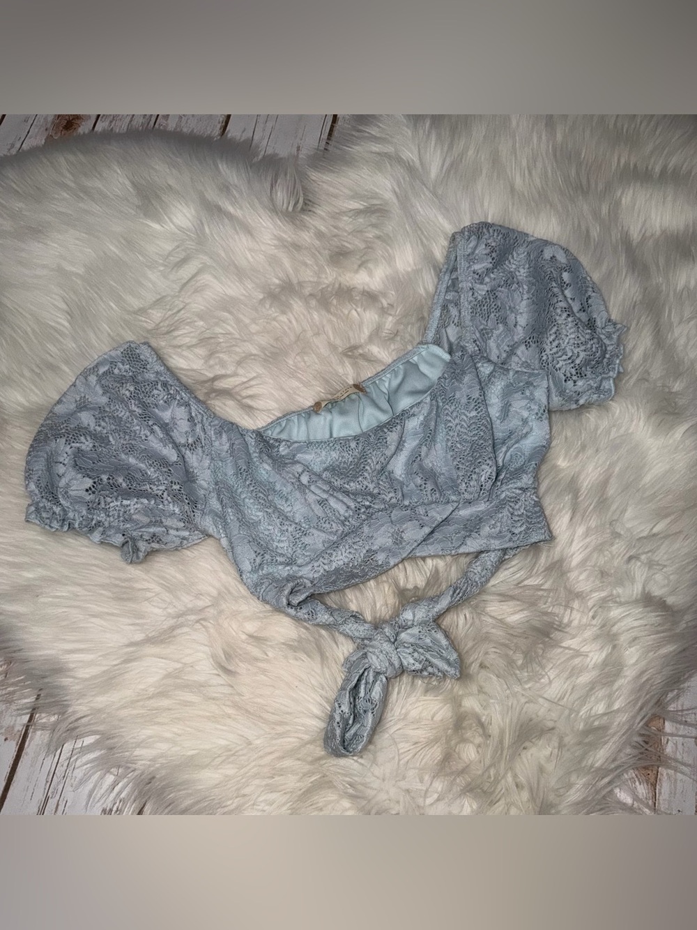 Altar'd State Light Blue Lace Puff-Sleeve Tie Crop Top